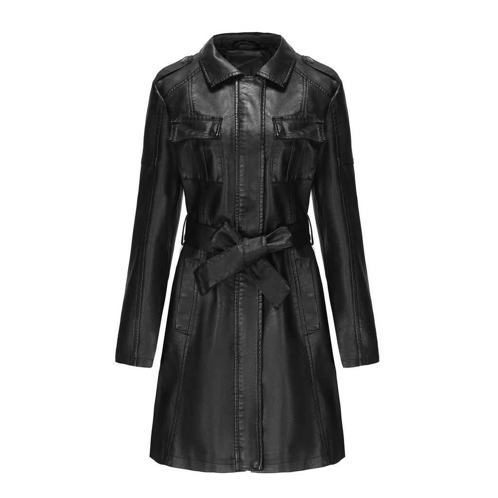 Belted Faux Leather Trench Coat - Black