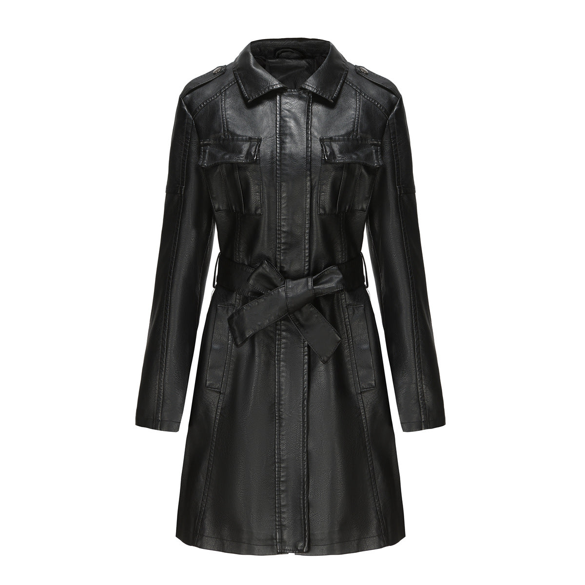 Belted Faux Leather Trench Coat - Black