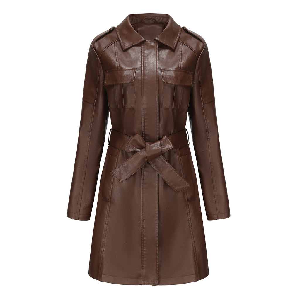 Belted Faux Leather Trench Coat - Brown