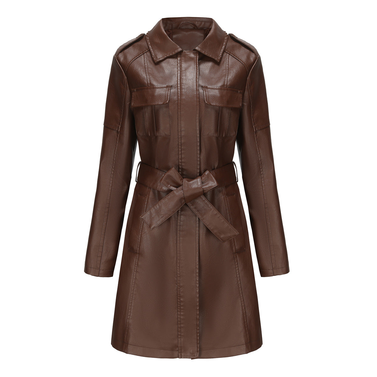 Belted Faux Leather Trench Coat - Brown
