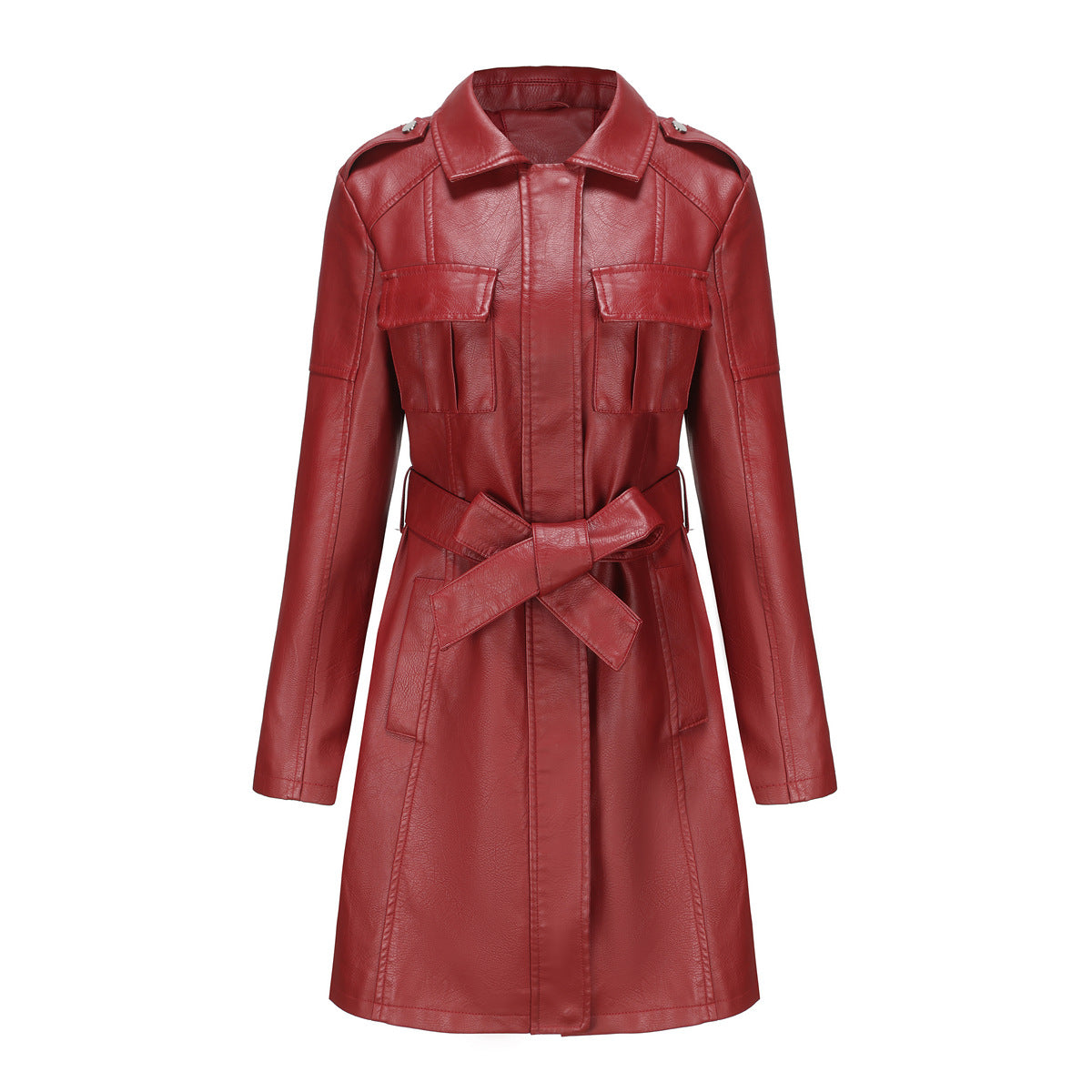Belted Faux Leather Trench Coat - Burgundy