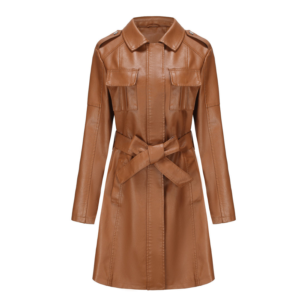 Belted Faux Leather Trench Coat - Camel