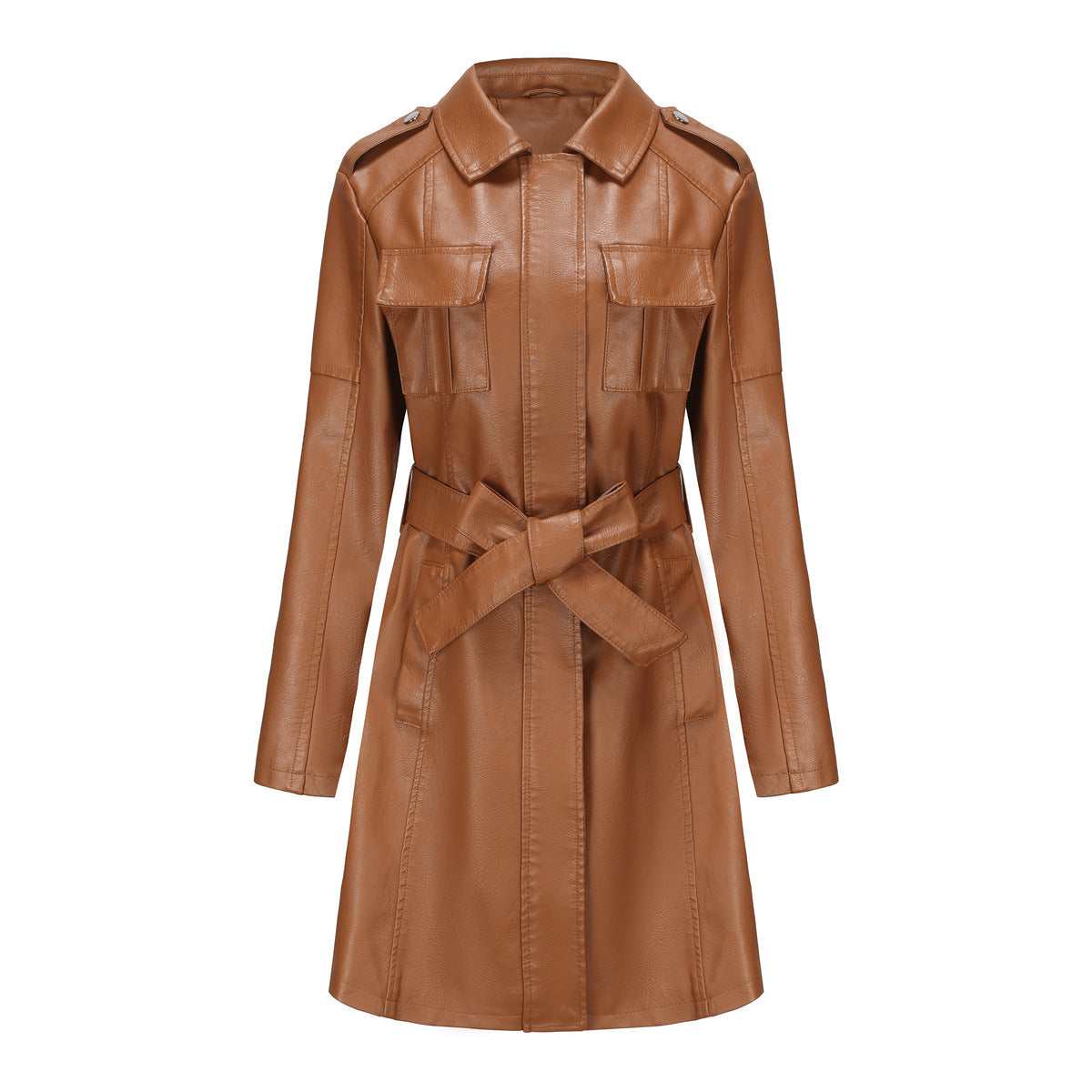 Belted Faux Leather Trench Coat - Camel