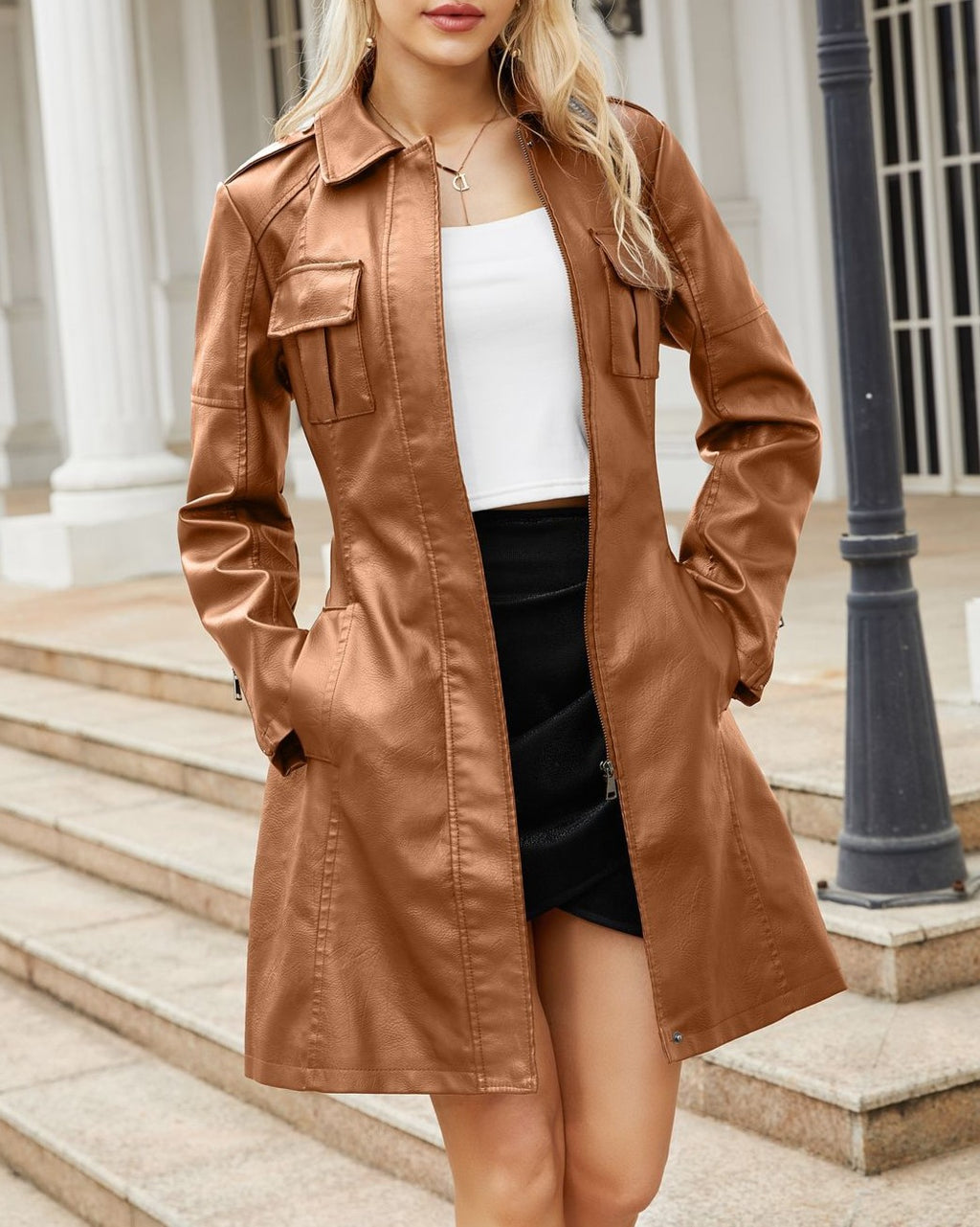 Belted Faux Leather Trench Coat - Camel - 4
