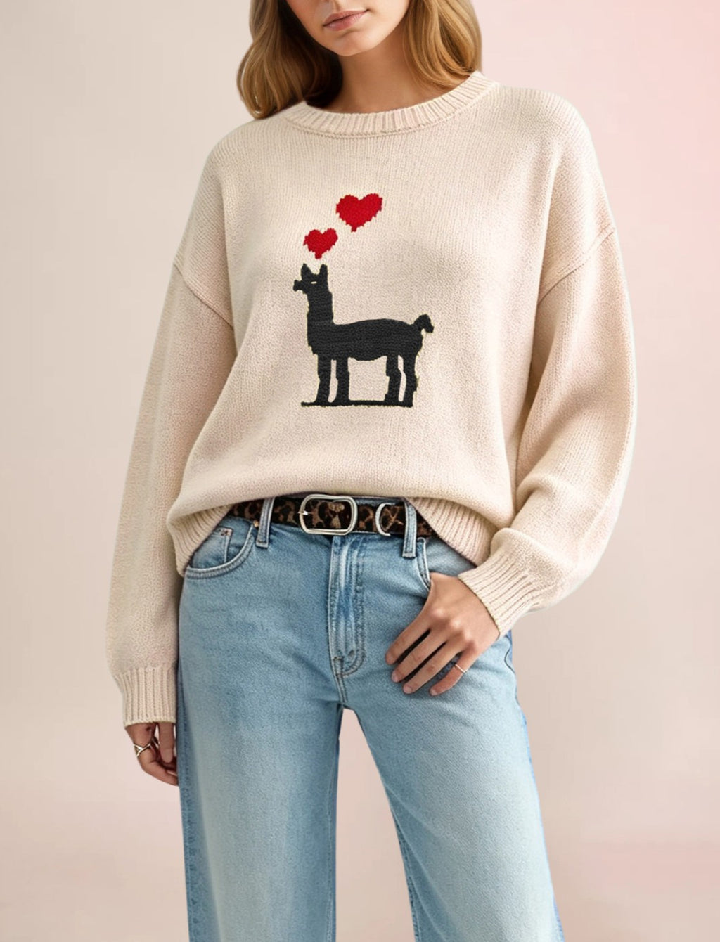 Deer Heart Motif Crewneck Knit Sweater - Apricot