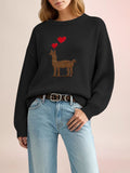 Deer Heart Motif Crewneck Knit Sweater - Black