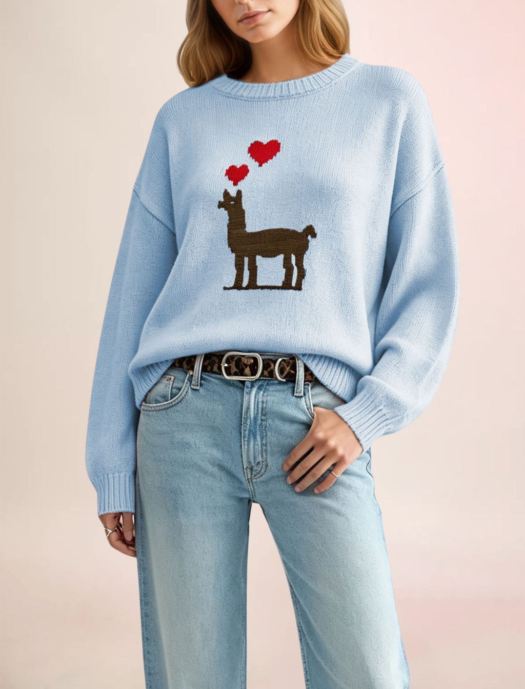 Deer Heart Motif Crewneck Knit Sweater - Blue