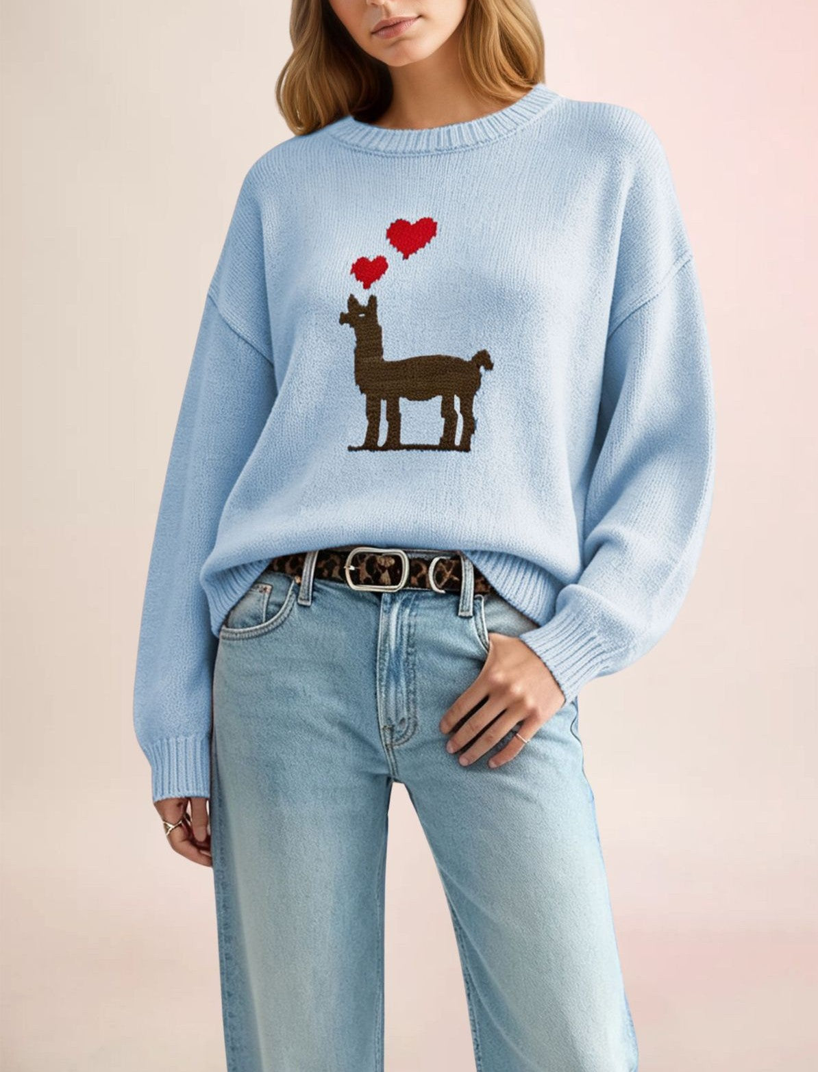 Deer Heart Motif Crewneck Knit Sweater - Blue