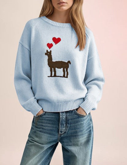 Deer Heart Motif Crewneck Knit Sweater - Blue - 1