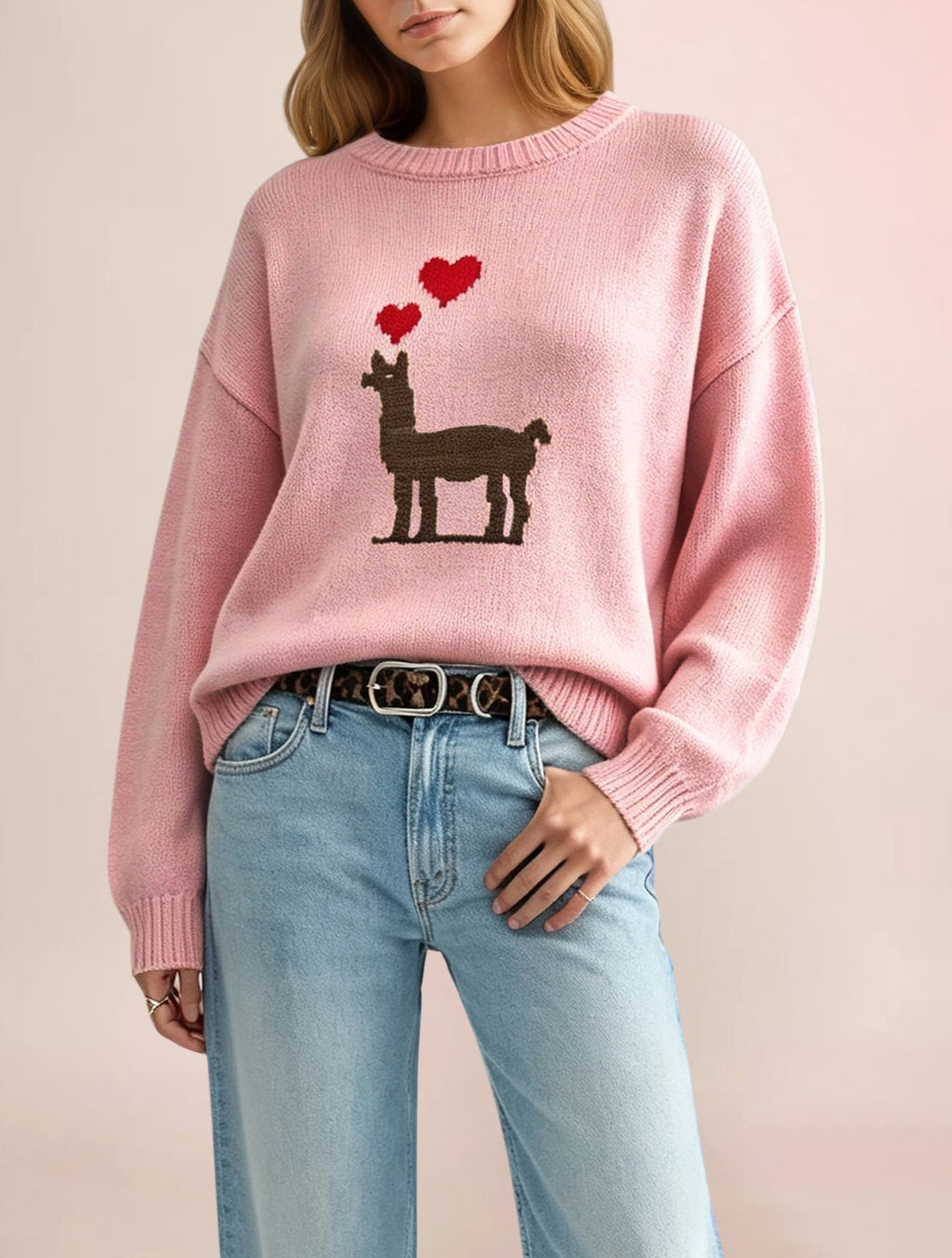 Deer Heart Motif Crewneck Knit Sweater - Pink