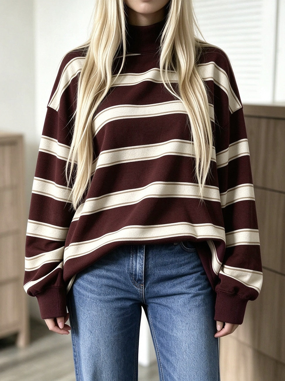 Striped Mock Neck Oversized Sweatshirt Long Sleeve - Burgundy