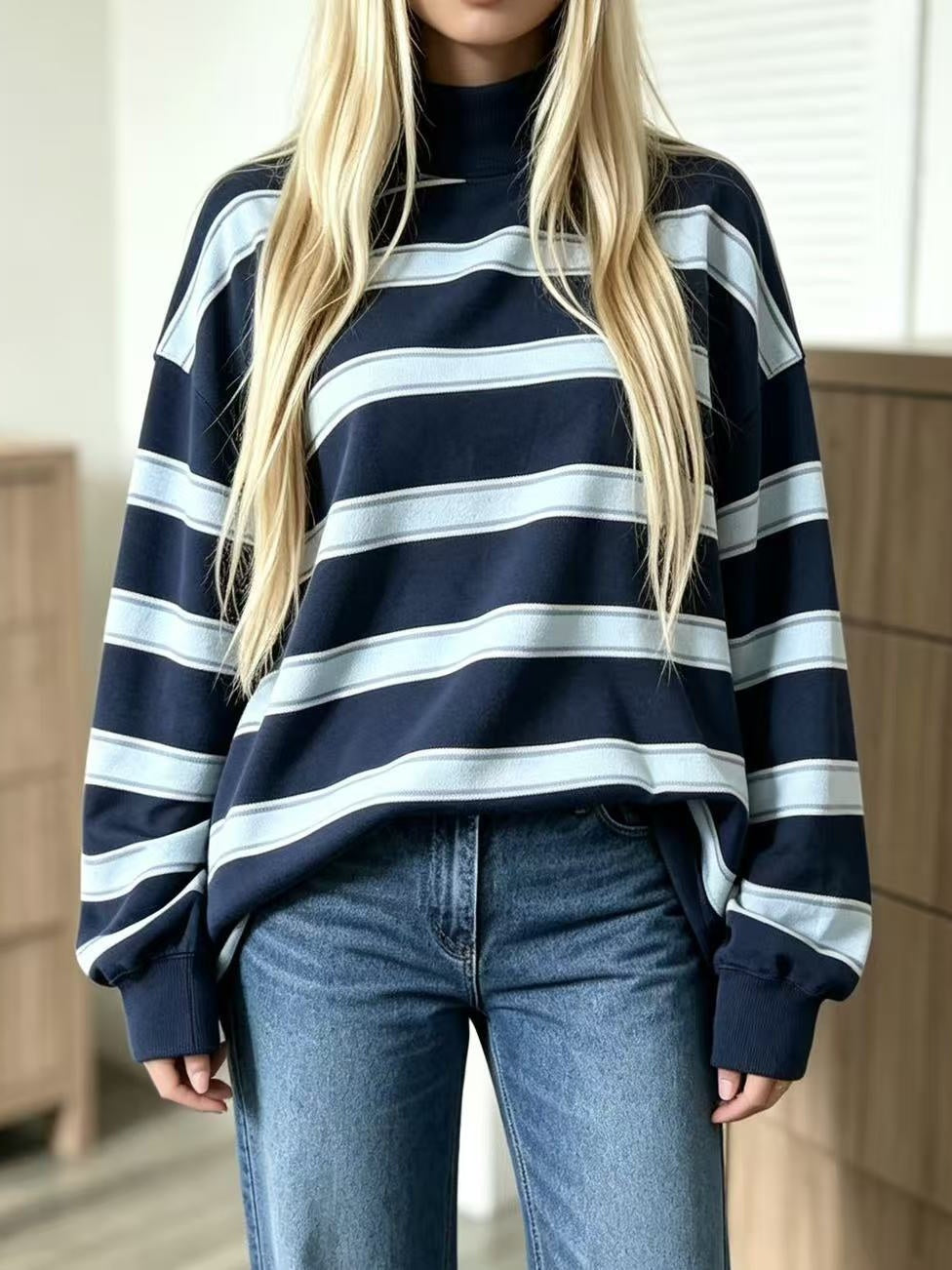 Striped Mock Neck Oversized Sweatshirt Long Sleeve - Dark_Blue