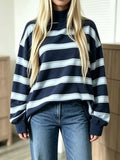 Striped Mock Neck Oversized Sweatshirt Long Sleeve - Dark_Blue