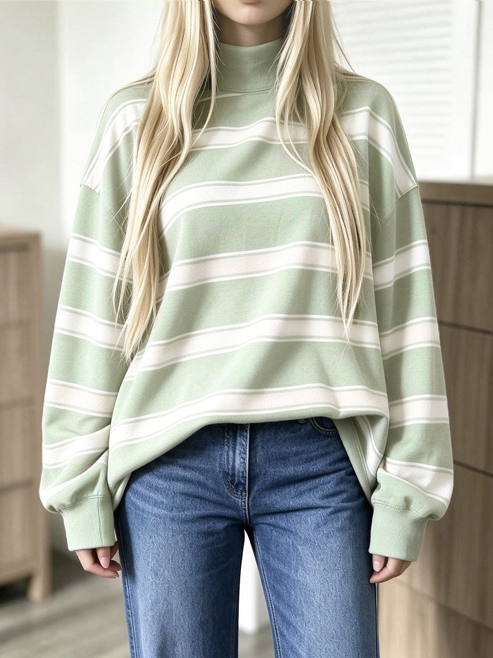 Striped Mock Neck Oversized Sweatshirt Long Sleeve - Green