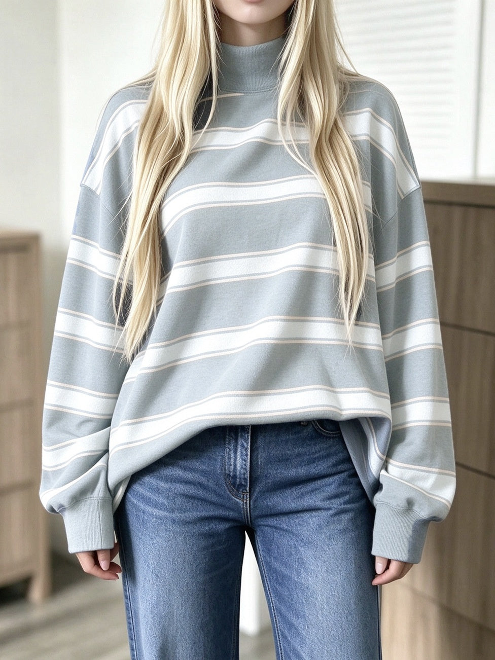 Striped Mock Neck Oversized Sweatshirt Long Sleeve - Light_Blue