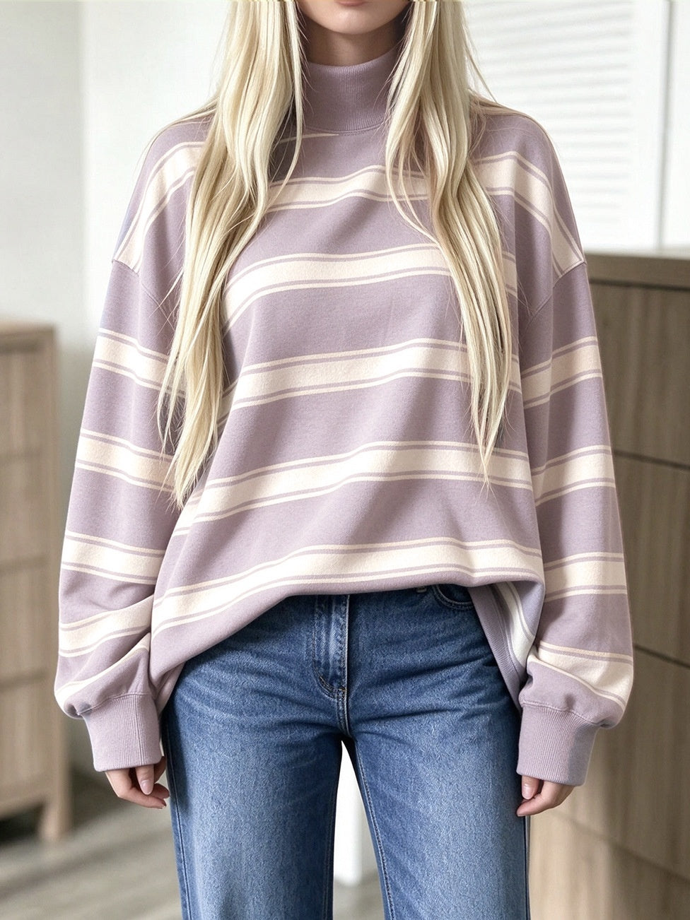 Striped Mock Neck Oversized Sweatshirt Long Sleeve - Purple