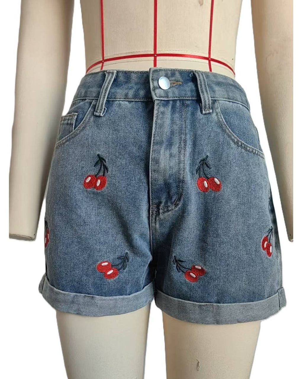 Cherry Embroidered Cuffed Denim Shorts - Blue - 1