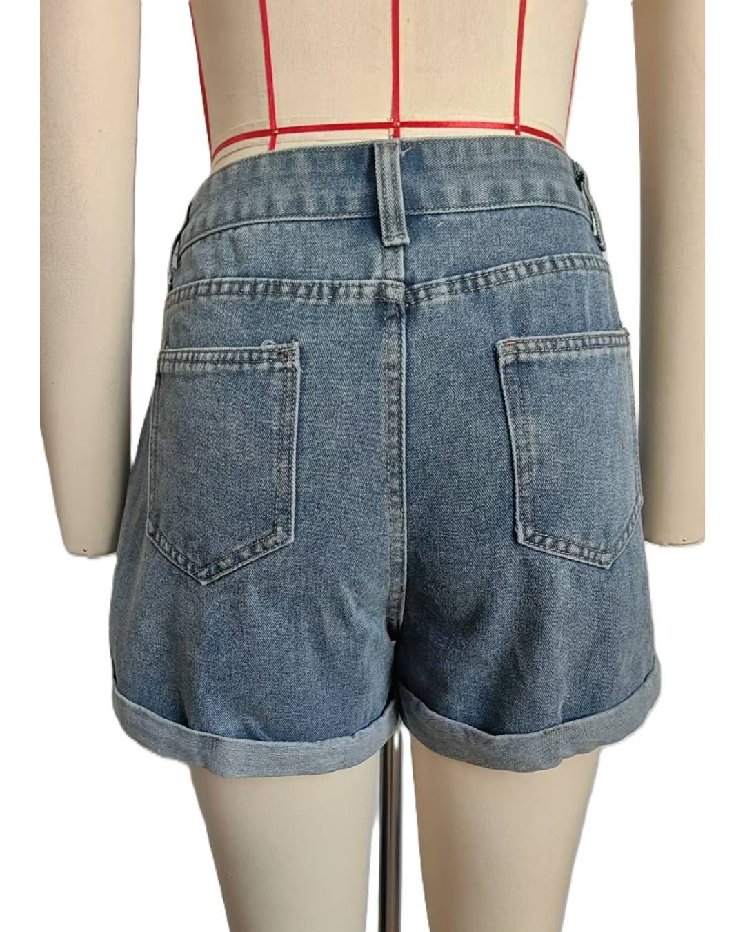 Cherry Embroidered Cuffed Denim Shorts - Blue - 2
