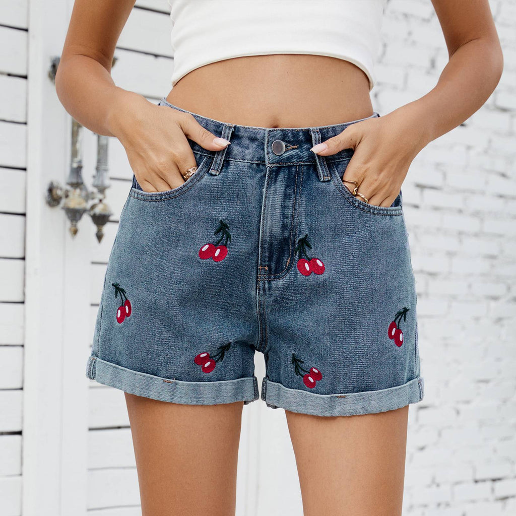 Cherry Embroidered Cuffed Denim Shorts - Blue - 3