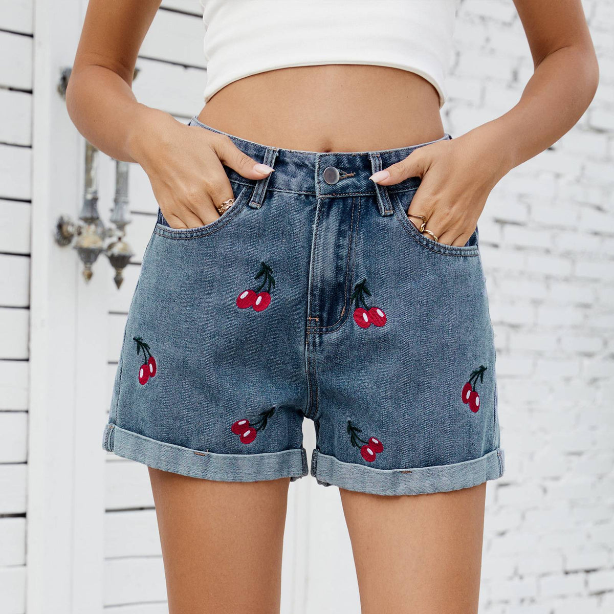 Cherry Embroidered Cuffed Denim Shorts - Blue - 3