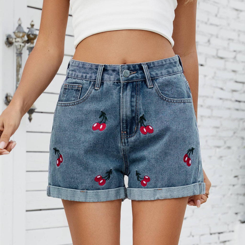 Cherry Embroidered Cuffed Denim Shorts - Blue - 4