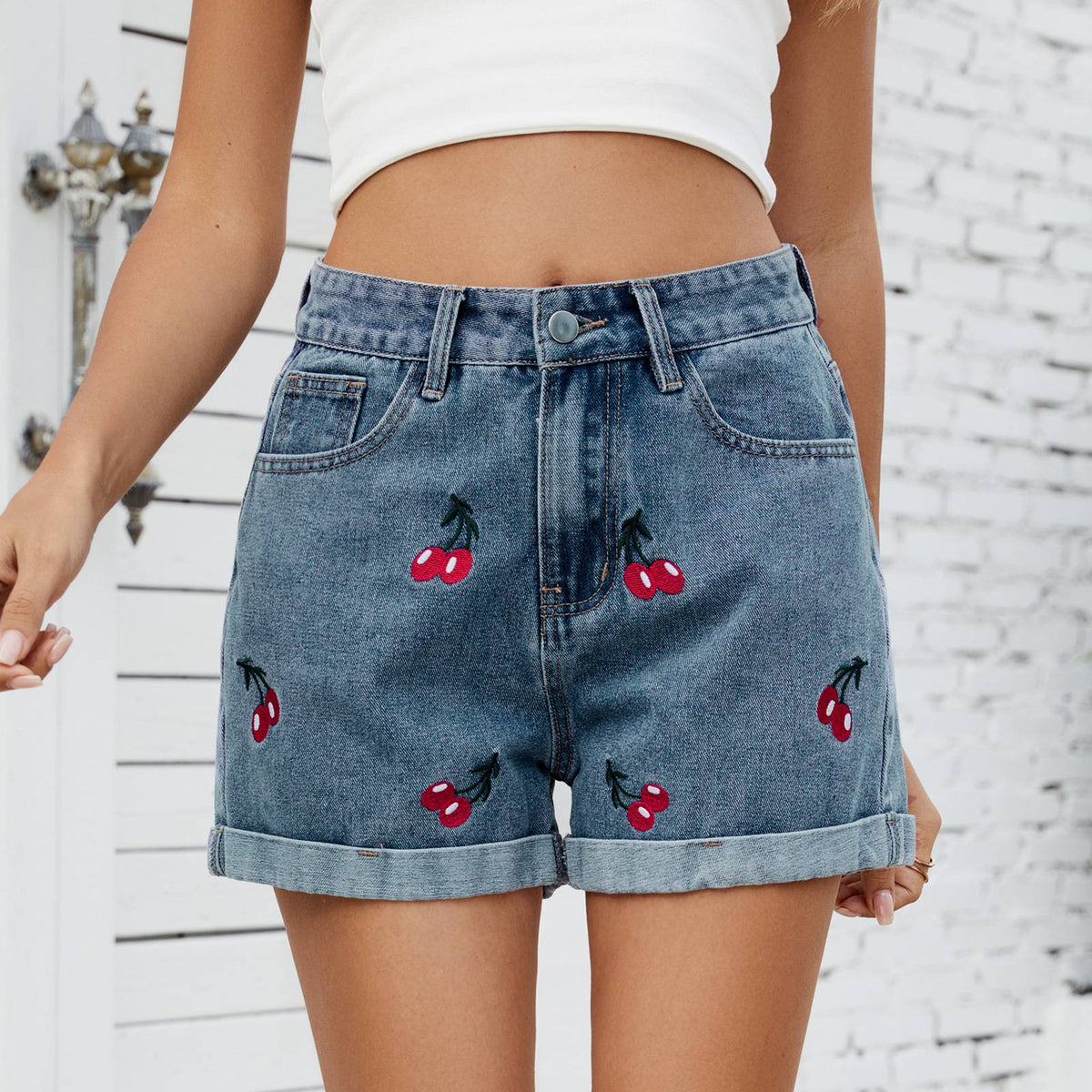 Cherry Embroidered Cuffed Denim Shorts - Blue - 4