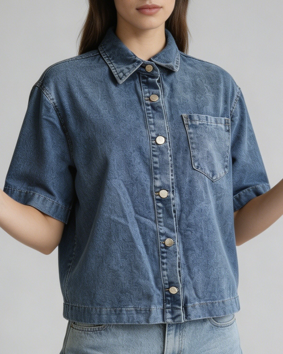 Boxy Washed Denim Short Sleeve Shirt - Blue