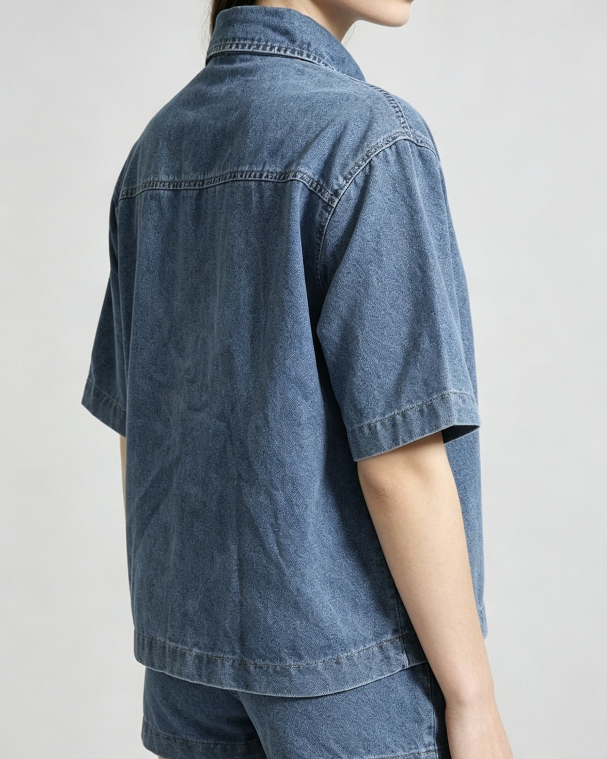 Boxy Washed Denim Short Sleeve Shirt - Blue - 1
