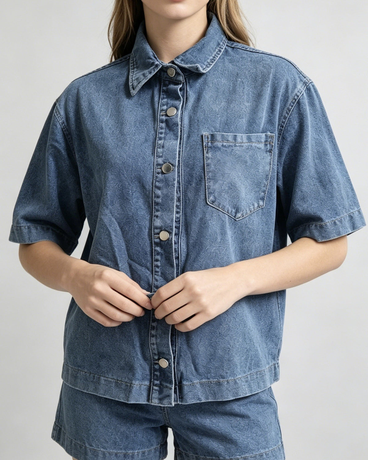 Boxy Washed Denim Short Sleeve Shirt - Blue - 2