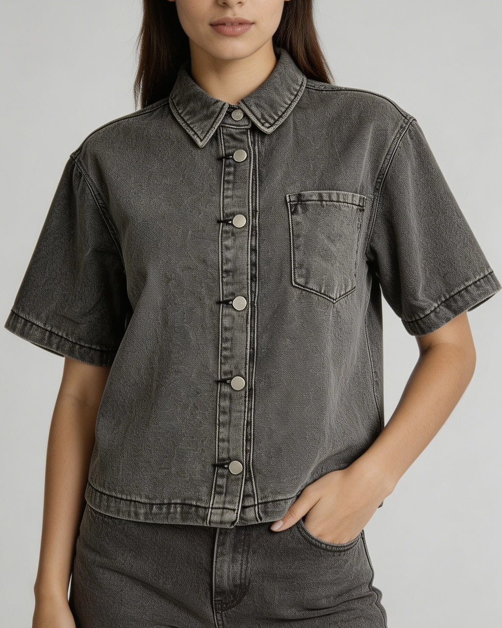 Boxy Washed Denim Short Sleeve Shirt - Gray