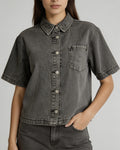 Boxy Washed Denim Short Sleeve Shirt - Gray