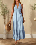 Halter V Neck Tiered Maxi Dress - Blue