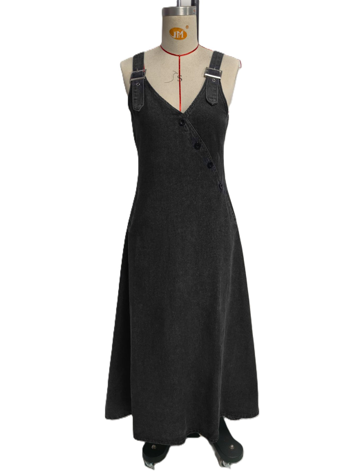 Sleeveless Denim Maxi Dress With Side Buttons - Black