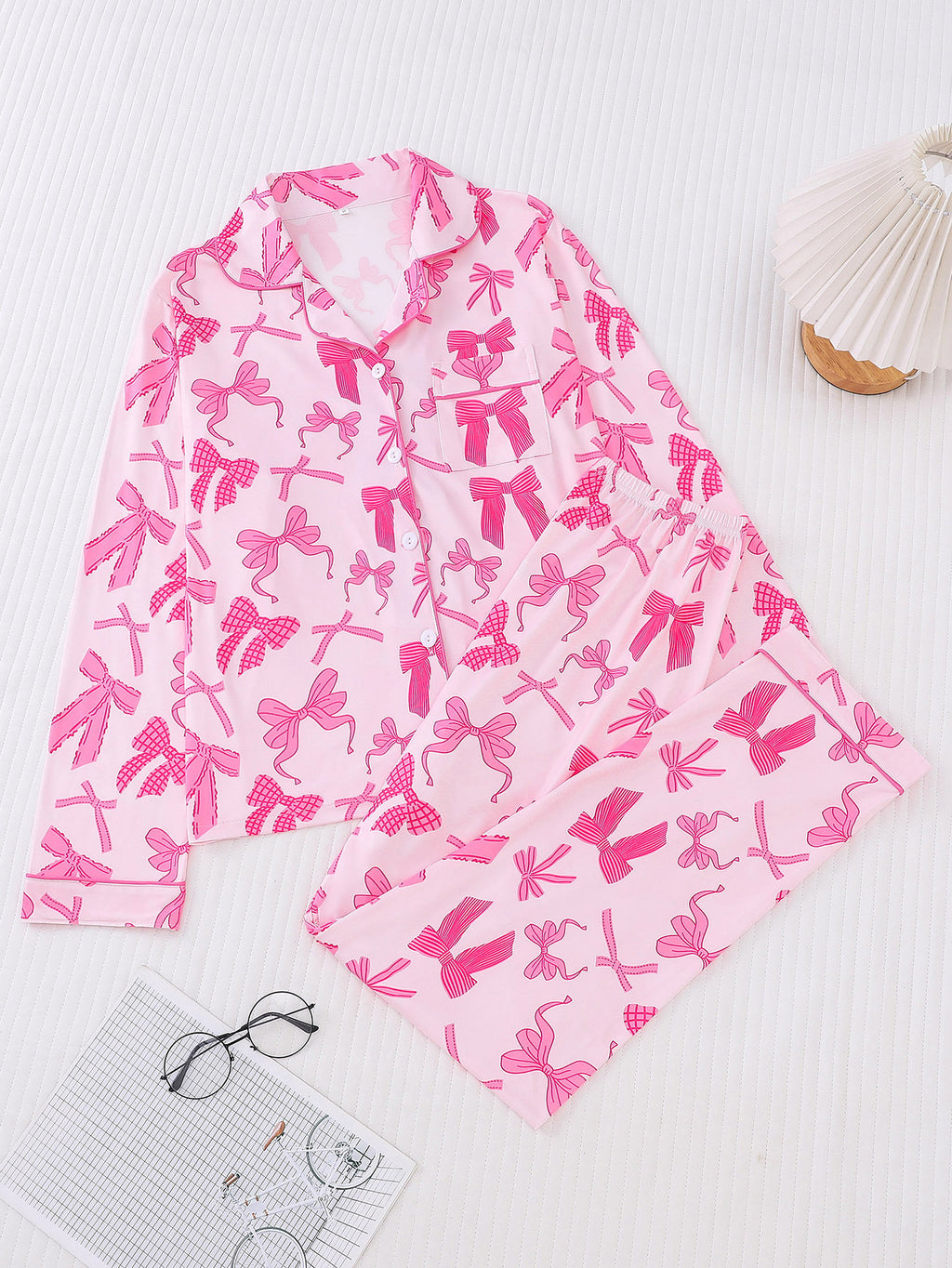 Ribbon Bow Print Satin Pajama Set - Pink