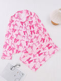 Ribbon Bow Print Satin Pajama Set - Pink