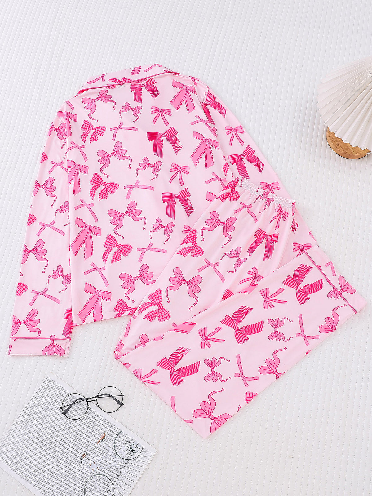 Ribbon Bow Print Satin Pajama Set - Pink - 1