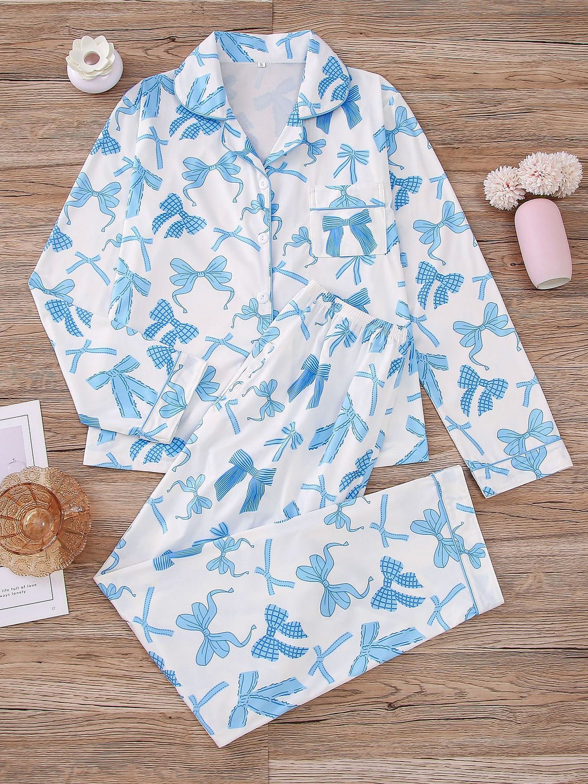 Ribbon Bow Print Satin Pajama Set - SkyBlue