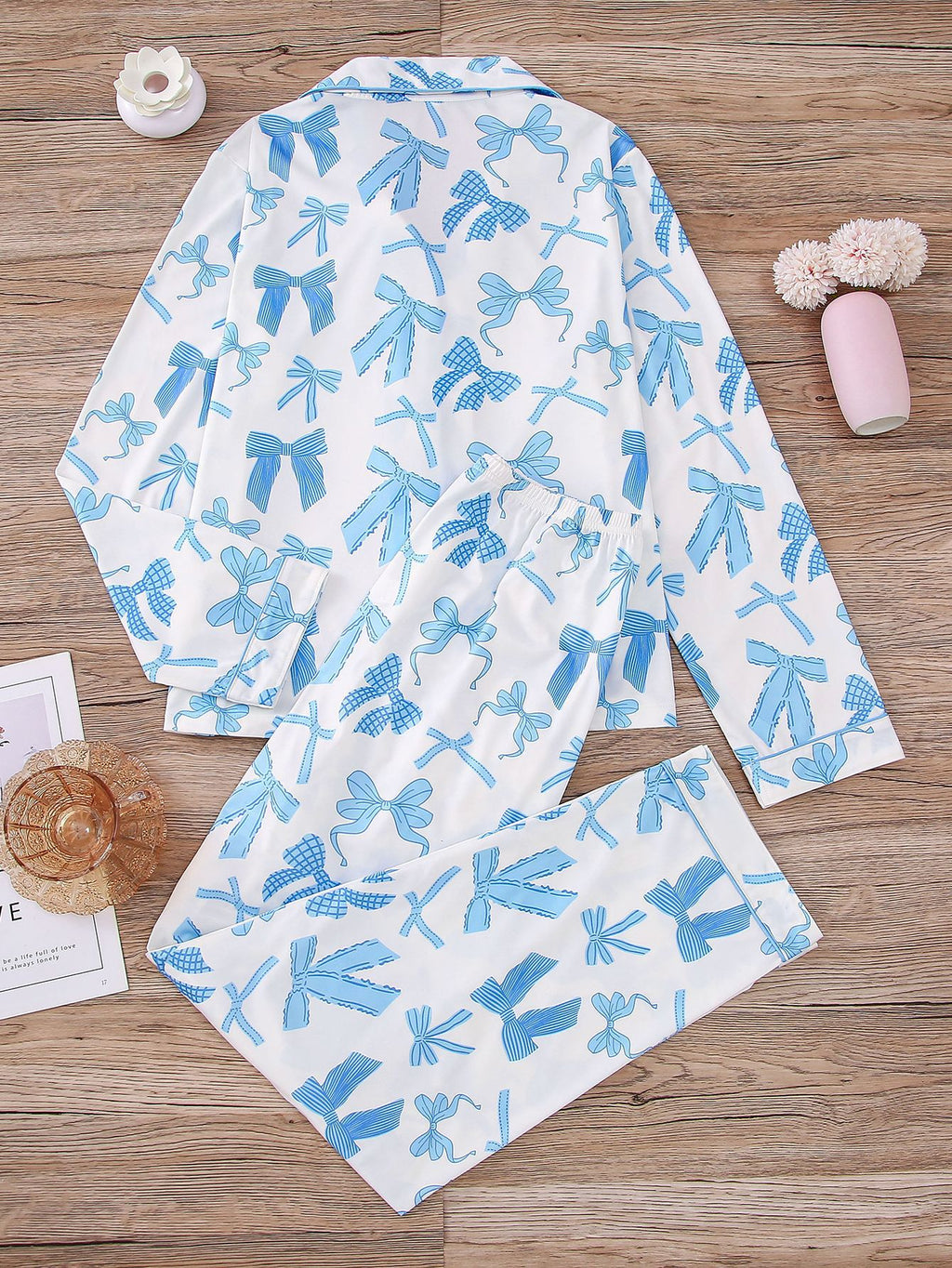 Ribbon Bow Print Satin Pajama Set - SkyBlue - 1