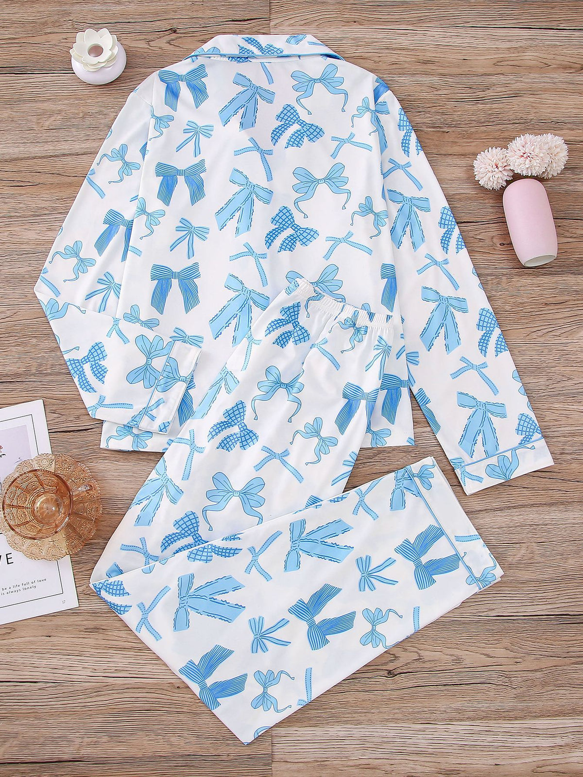 Ribbon Bow Print Satin Pajama Set - SkyBlue - 1