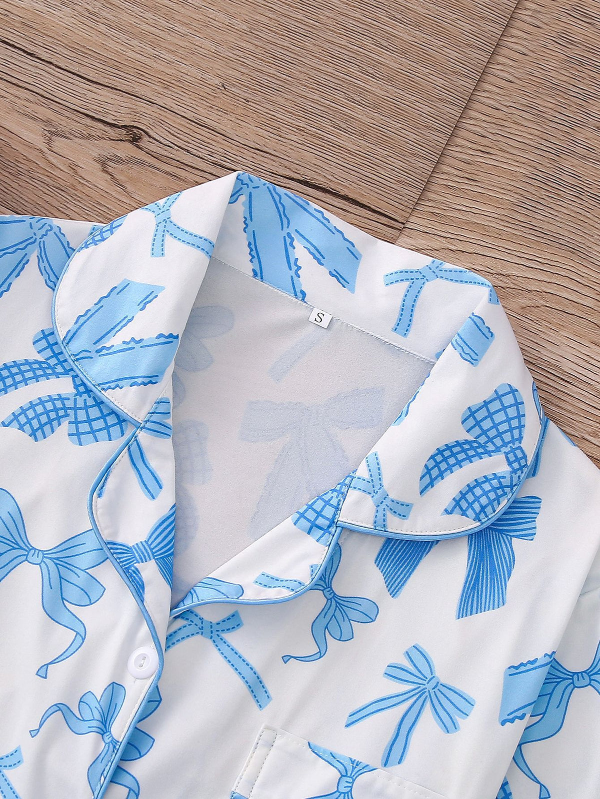 Ribbon Bow Print Satin Pajama Set - SkyBlue - 2
