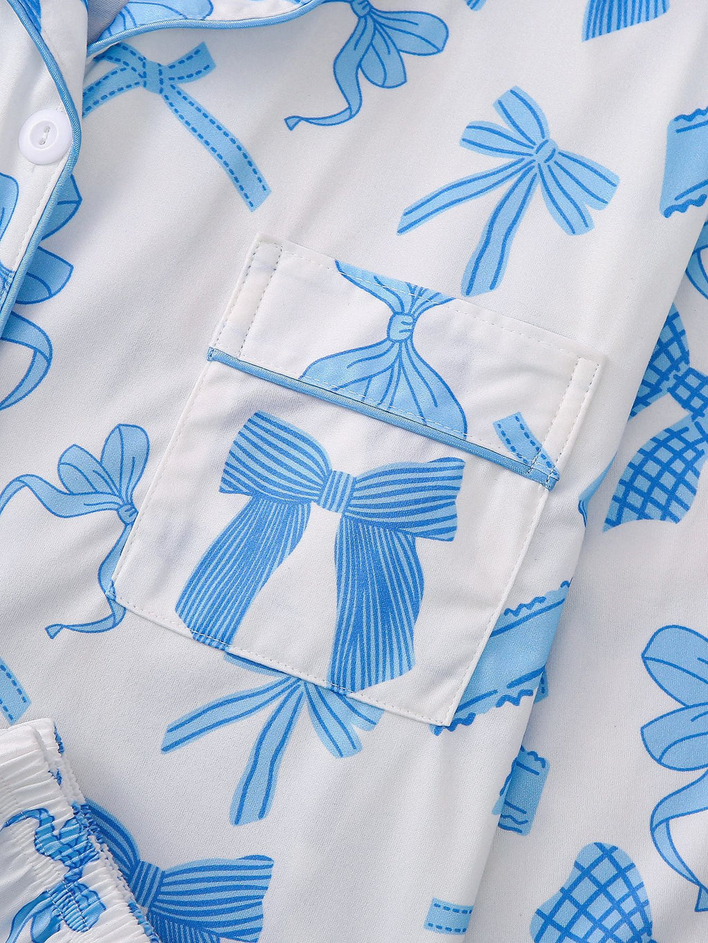 Ribbon Bow Print Satin Pajama Set - SkyBlue - 3