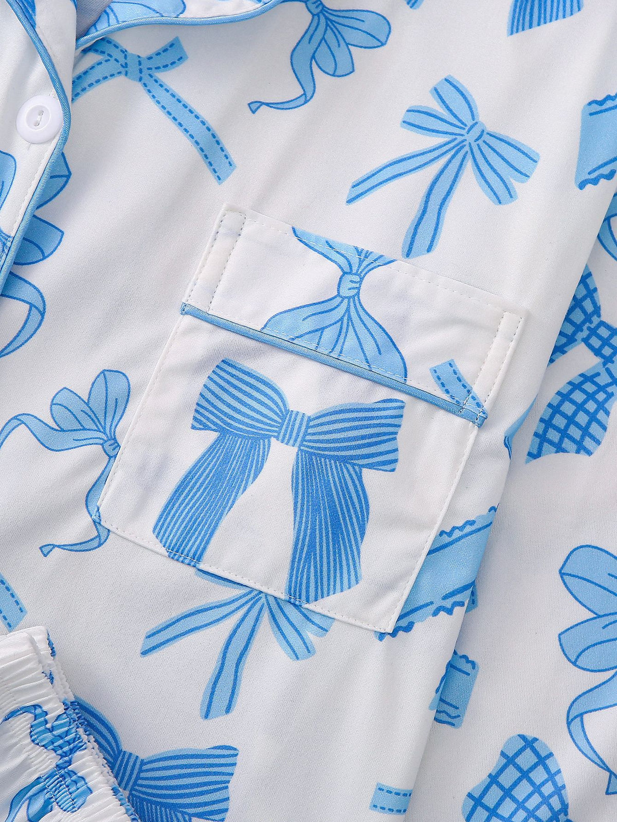 Ribbon Bow Print Satin Pajama Set - SkyBlue - 3