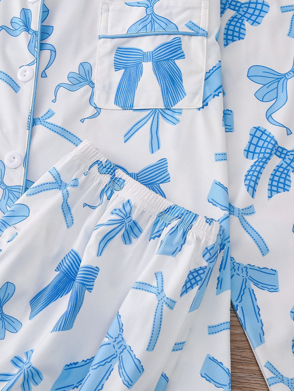Ribbon Bow Print Satin Pajama Set - SkyBlue - 4