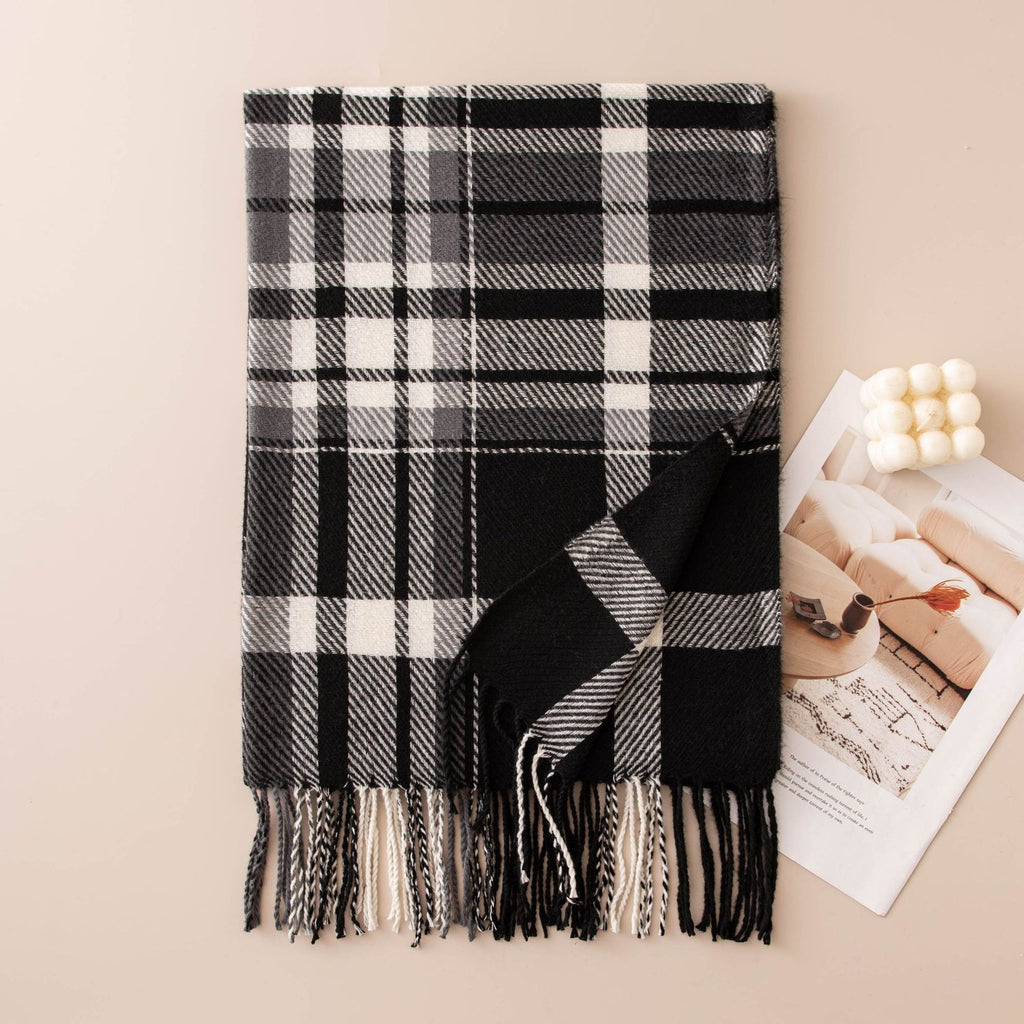Tartan Check Fringed Blanket Scarf - Black