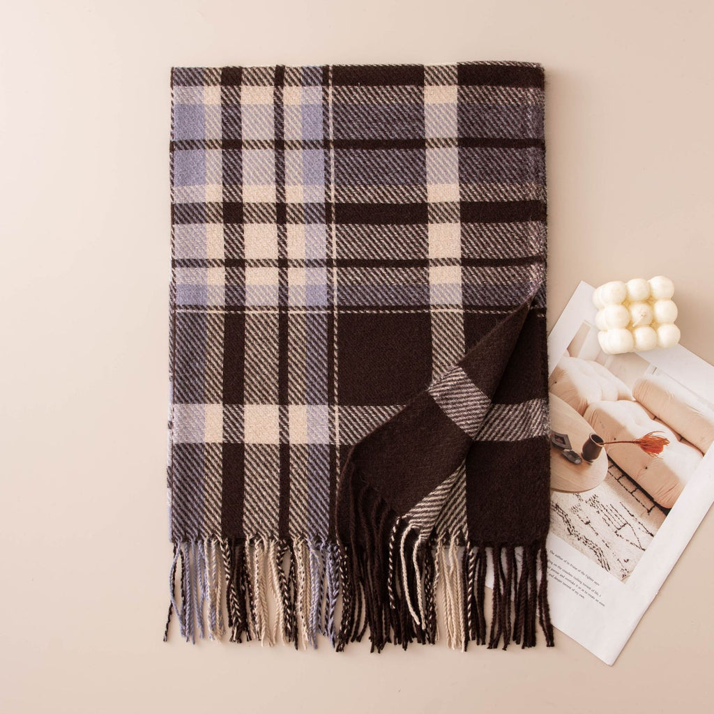 Tartan Check Fringed Blanket Scarf - Brown_Blue