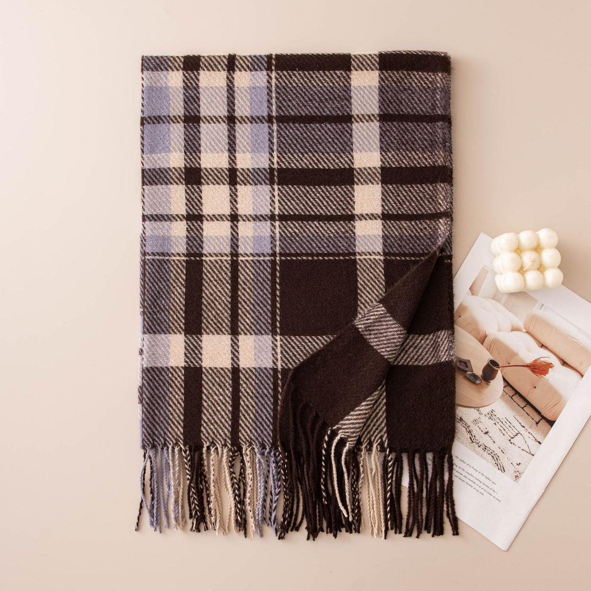 Tartan Check Fringed Blanket Scarf - Brown_Blue