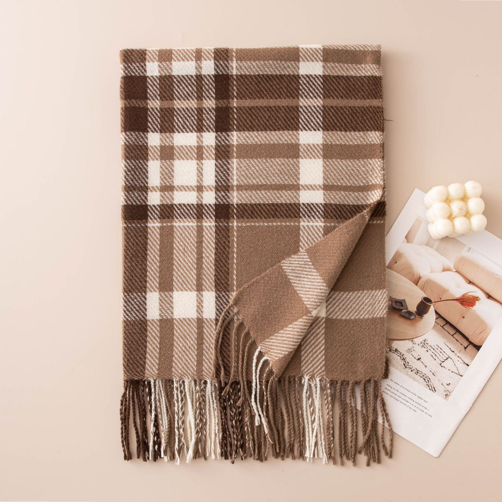 Tartan Check Fringed Blanket Scarf - Camel
