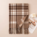 Tartan Check Fringed Blanket Scarf - Camel