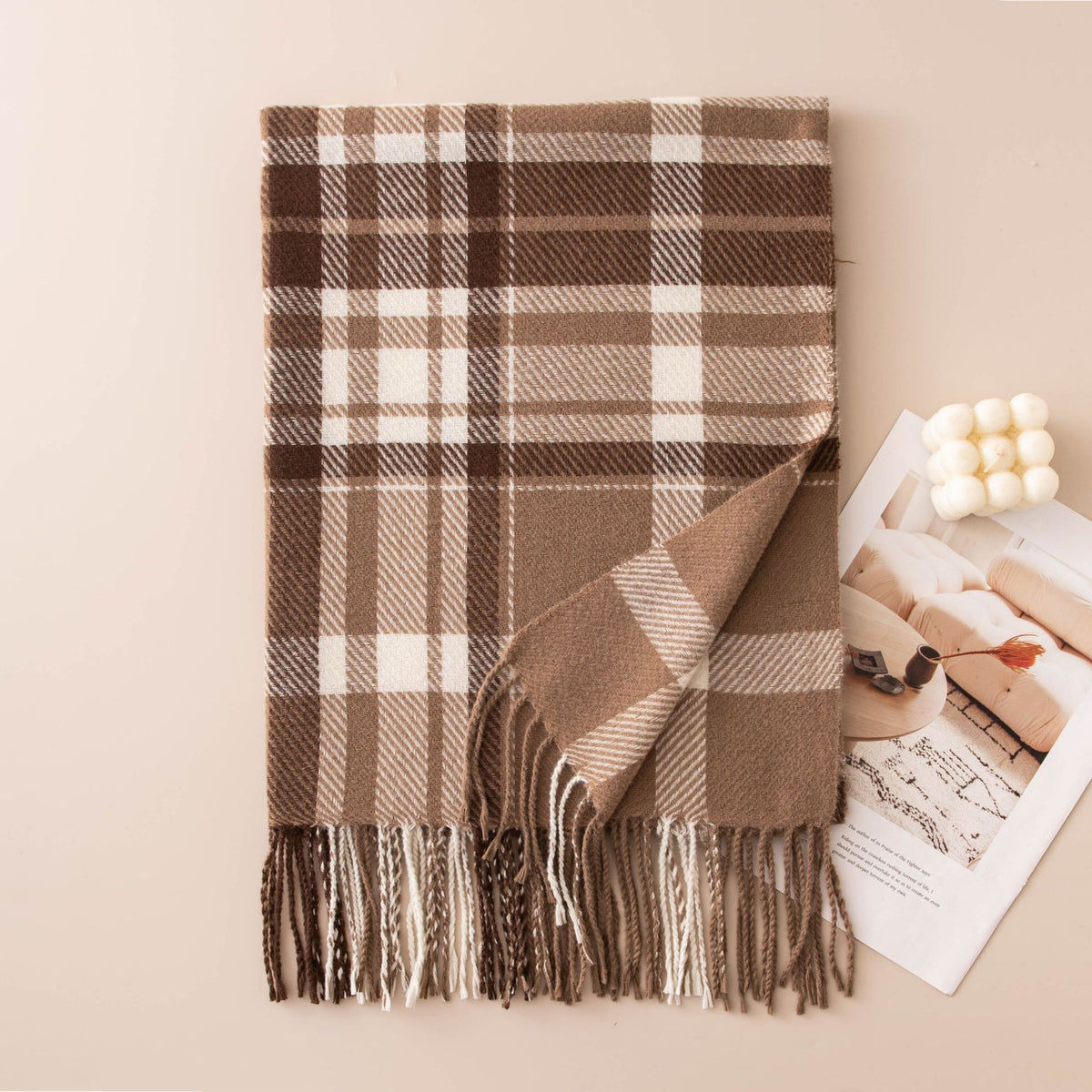 Tartan Check Fringed Blanket Scarf - Camel