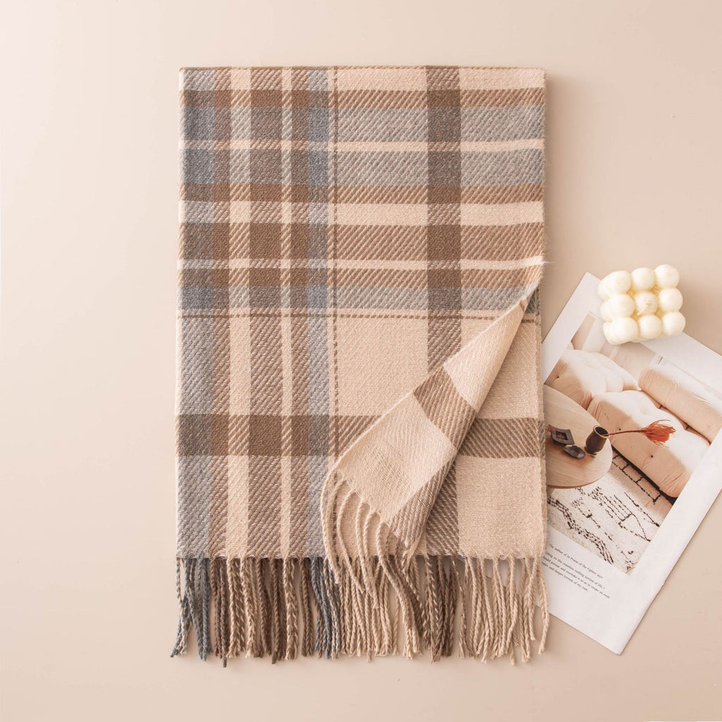 Tartan Check Fringed Blanket Scarf - Camel_Blue